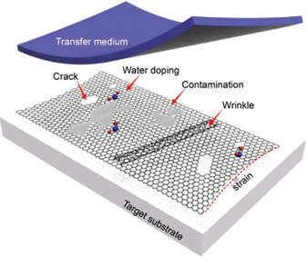 圖3 一般石墨烯薄膜轉(zhuǎn)移過(guò)程產(chǎn)生的問(wèn)題示意圖.png